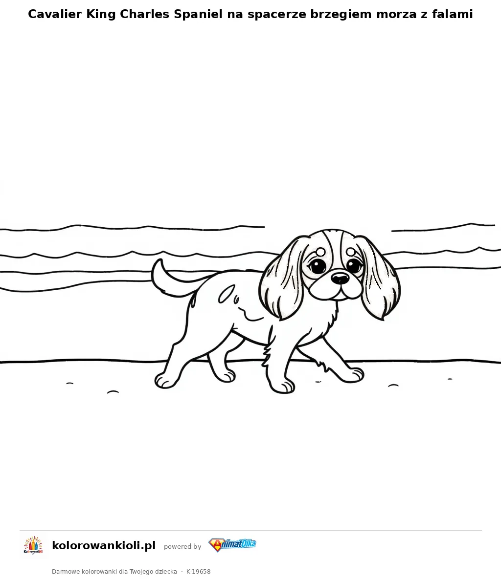 Cavalier King Charles Spaniel na spacerze brzegiem morza z falami — kolorowanka do wydruku dla dzieci