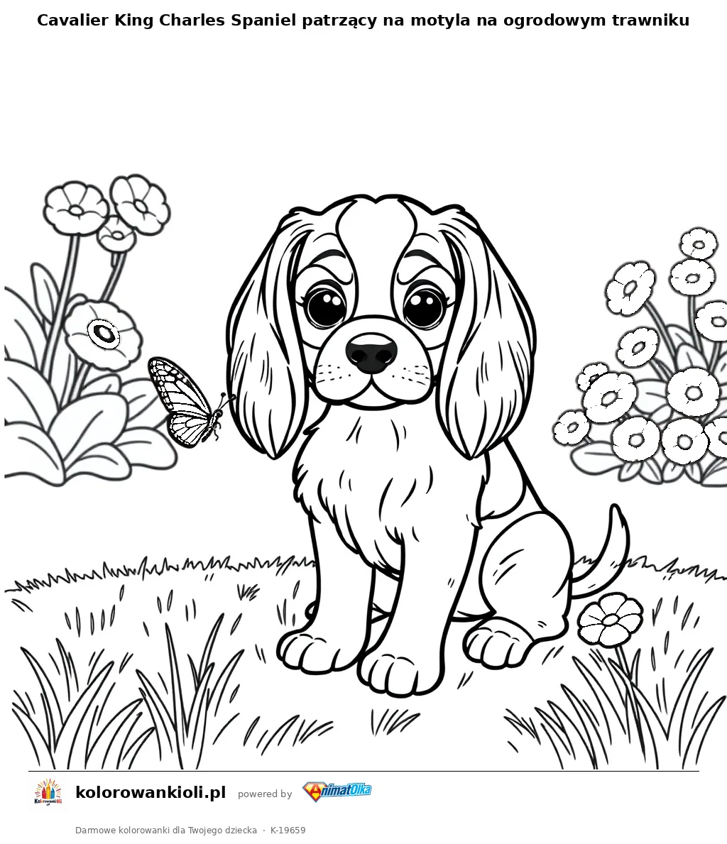 Cavalier King Charles Spaniel patrzący na motyla na ogrodowym trawniku — kolorowanka do wydruku dla dzieci