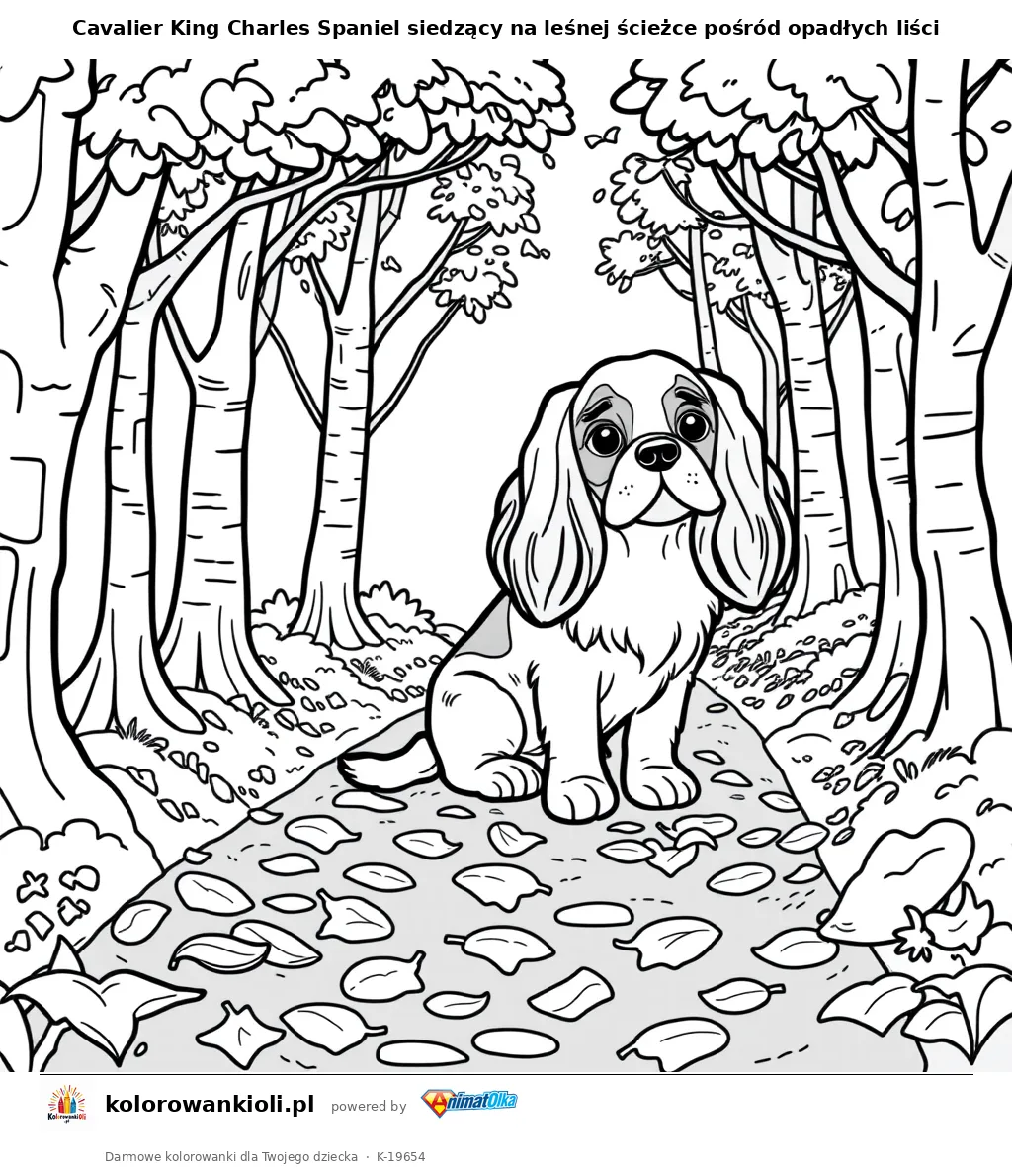 Cavalier King Charles Spaniel siedzący na leśnej ścieżce pośród opadłych liści — kolorowanka do wydruku dla dzieci
