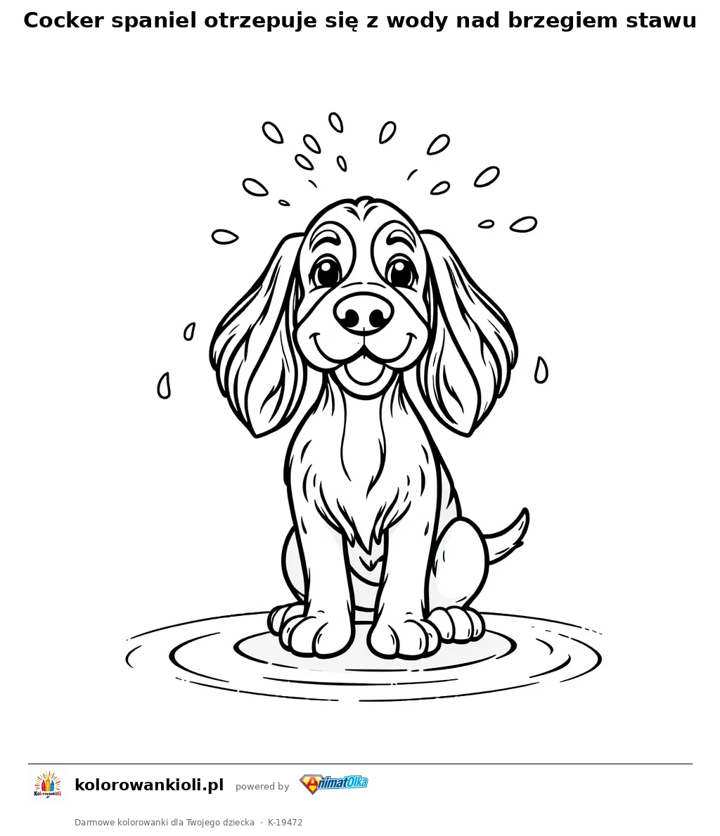 Cocker spaniel otrzepuje się z wody nad brzegiem stawu — kolorowanka do wydruku dla dzieci