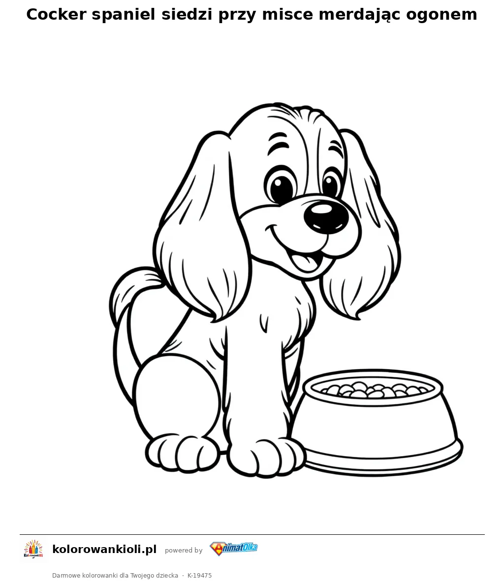 Cocker spaniel siedzi przy misce merdając ogonem — kolorowanka do wydruku dla dzieci