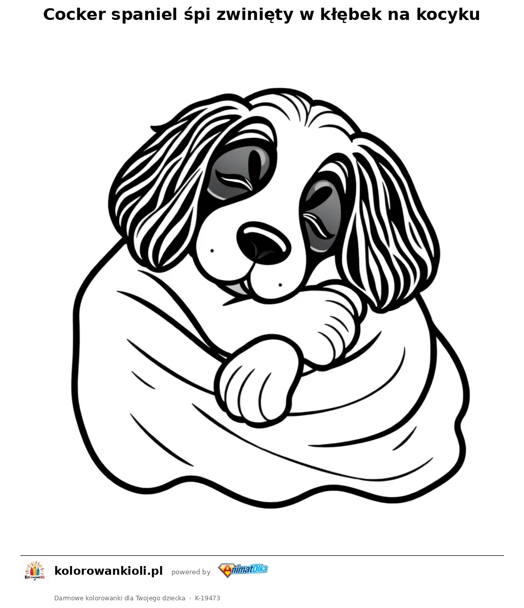 Cocker spaniel śpi zwinięty w kłębek na kocyku — kolorowanka do wydruku dla dzieci