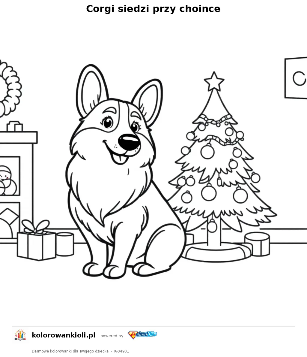 Corgi siedzi przy choince — kolorowanka do wydruku dla dzieci