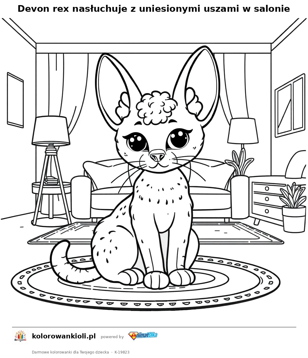 Devon rex nasłuchuje z uniesionymi uszami w salonie — kolorowanka do wydruku dla dzieci