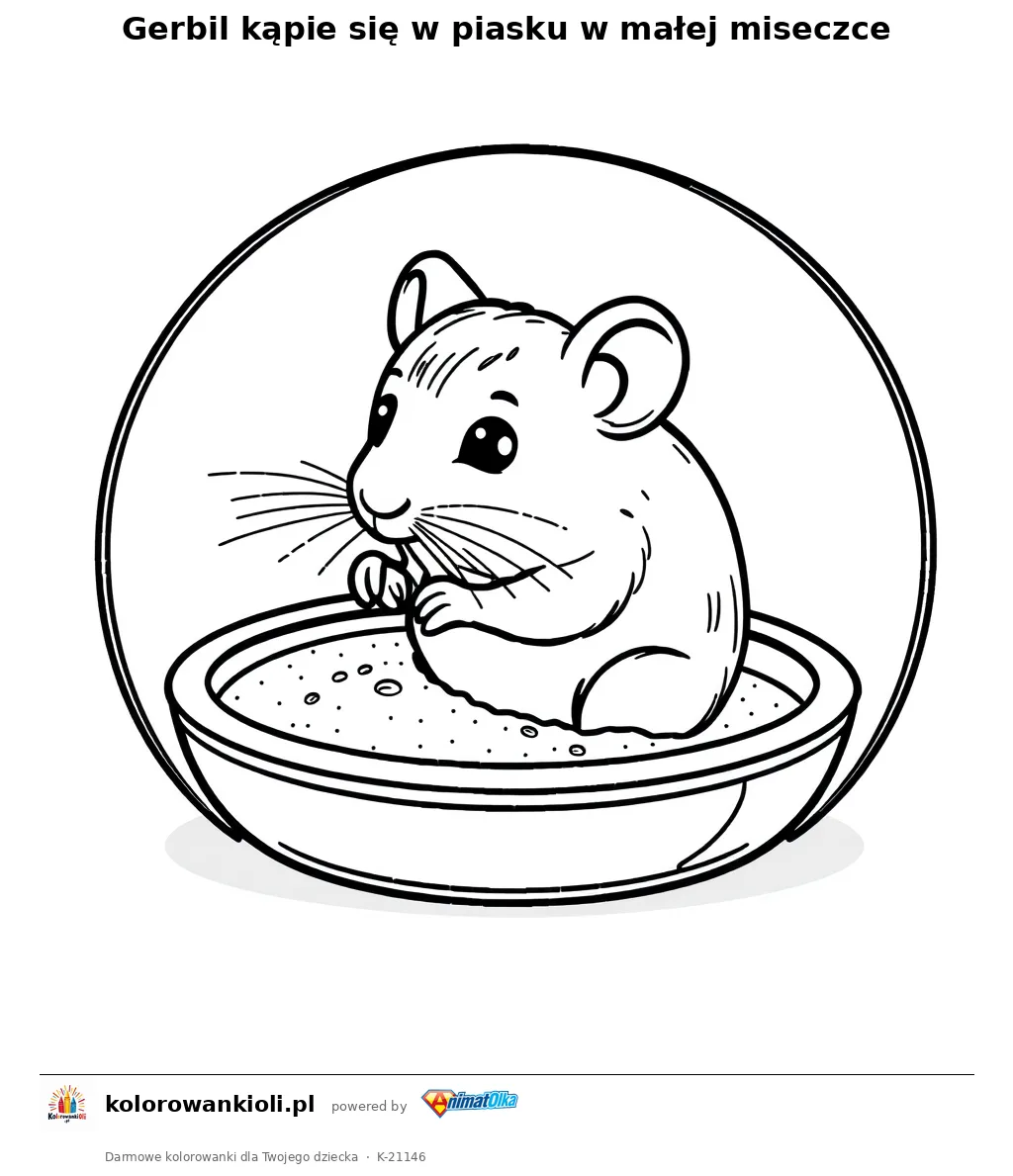 Gerbil kąpie się w piasku w małej miseczce — kolorowanka do wydruku dla dzieci