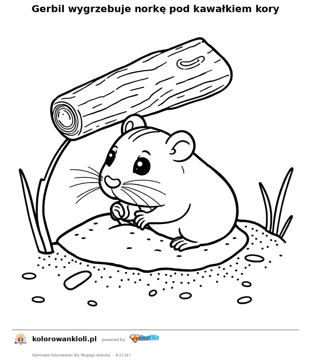 Gerbil wygrzebuje norkę pod kawałkiem kory — kolorowanka do wydruku dla dzieci