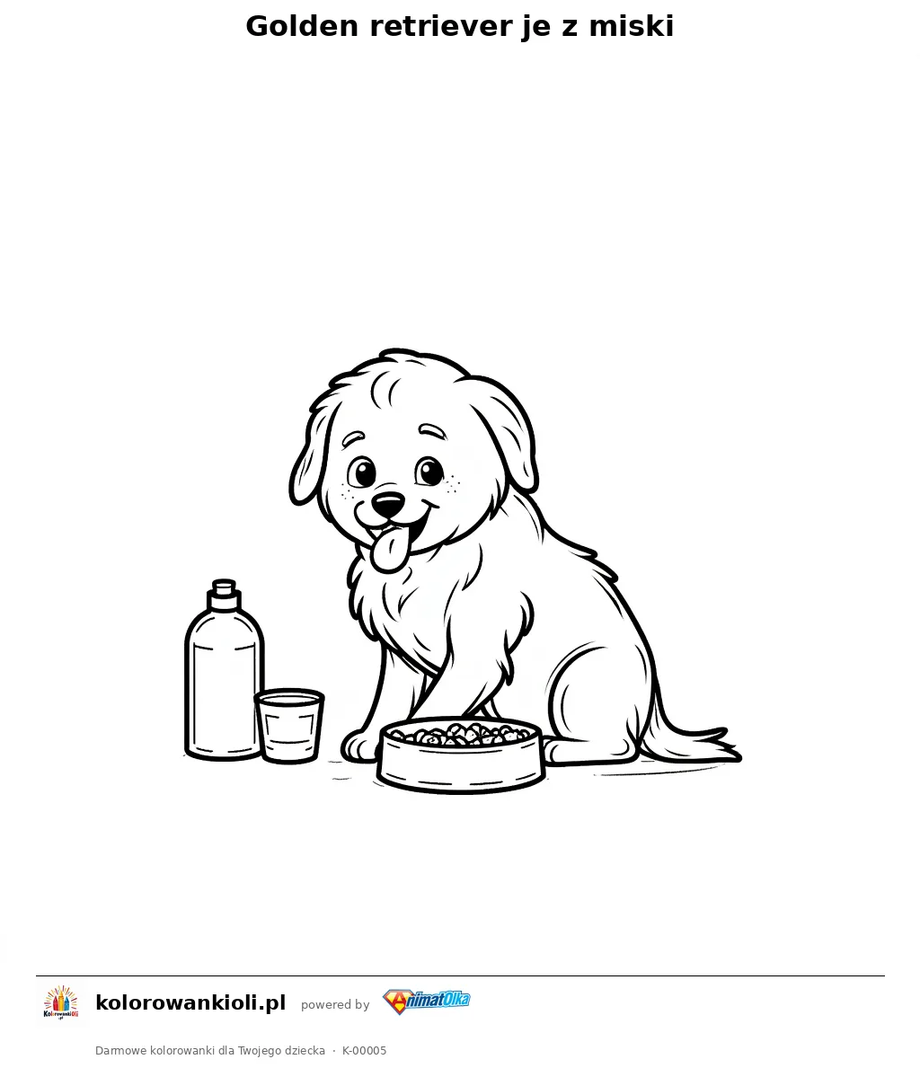 Golden retriever je z miski — kolorowanka do wydruku dla dzieci