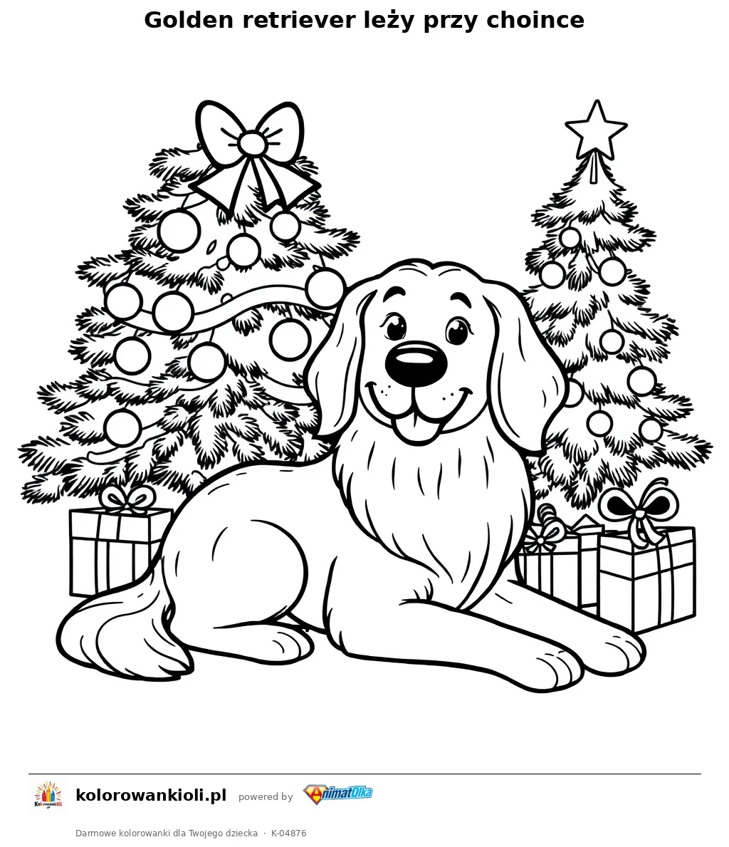 Golden retriever leży przy choince — kolorowanka do wydruku dla dzieci