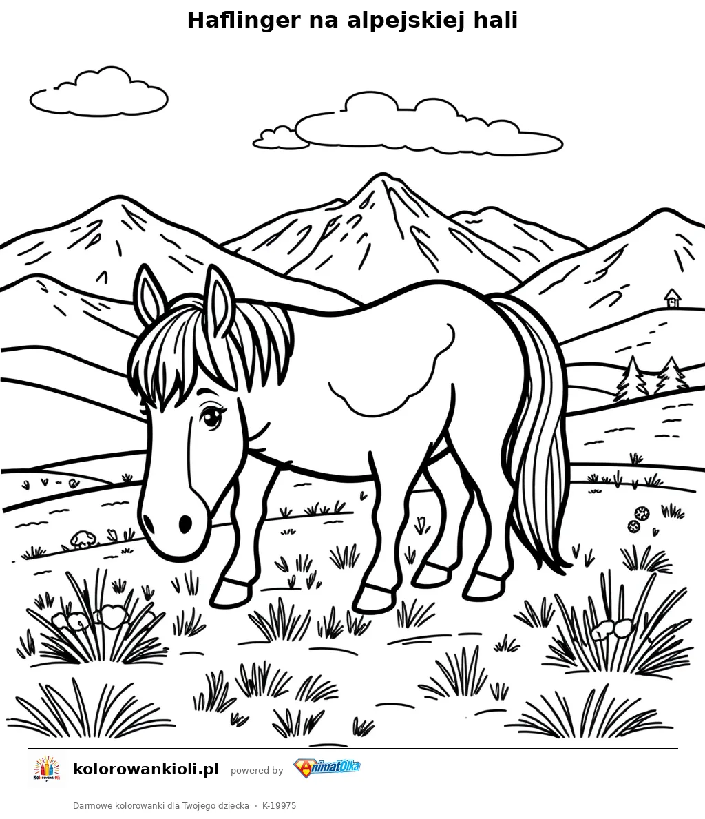 Haflinger na alpejskiej hali — kolorowanka do wydruku dla dzieci