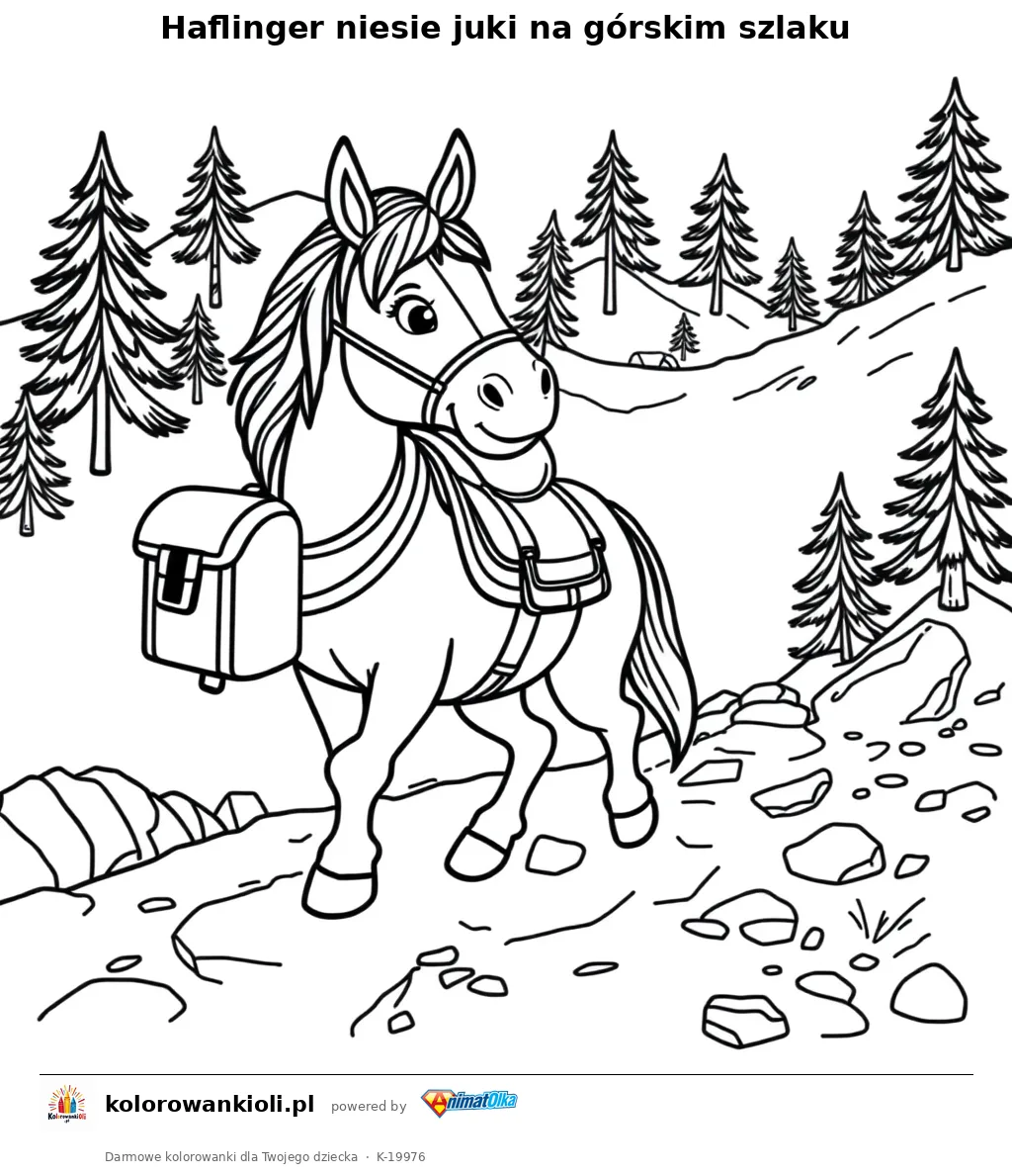 Haflinger niesie juki na górskim szlaku — kolorowanka do wydruku dla dzieci