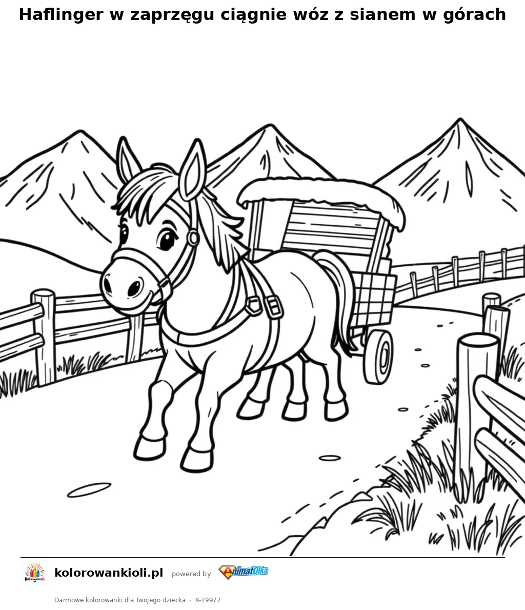 Haflinger w zaprzęgu ciągnie wóz z sianem w górach — kolorowanka do wydruku dla dzieci