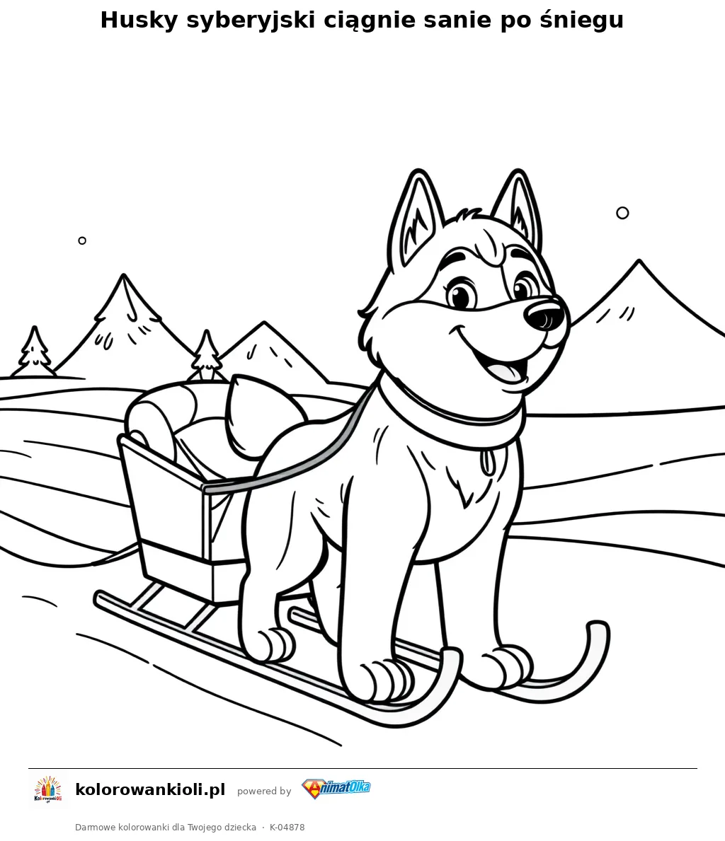 Husky syberyjski ciągnie sanie po śniegu — kolorowanka do wydruku dla dzieci