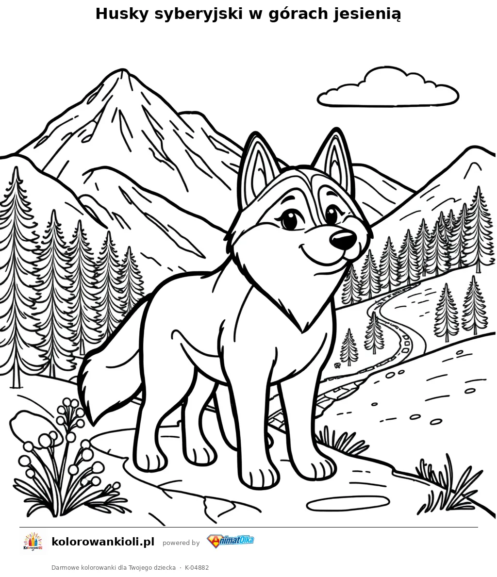 Husky syberyjski w górach jesienią — kolorowanka do wydruku dla dzieci
