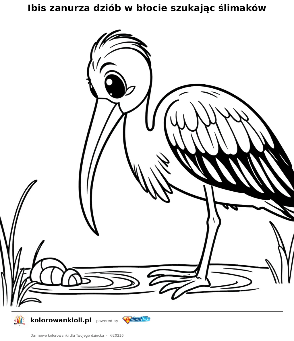 Ibis zanurza dziób w błocie szukając ślimaków — kolorowanka do wydruku dla dzieci