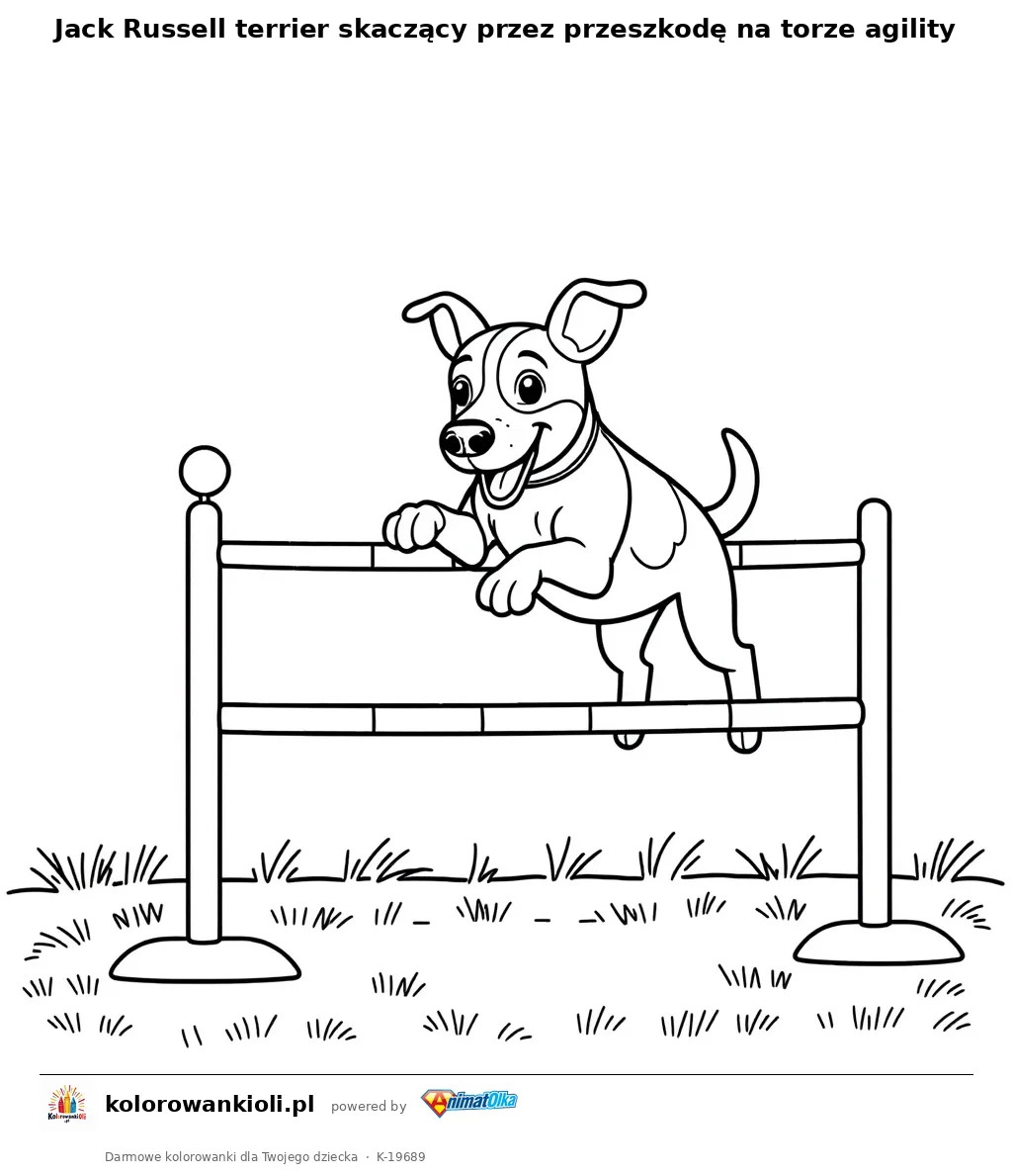 Jack Russell terrier skaczący przez przeszkodę na torze agility — kolorowanka do wydruku dla dzieci