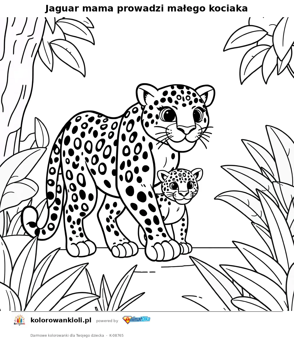 Jaguar mama prowadzi małego kociaka — kolorowanka do wydruku dla dzieci