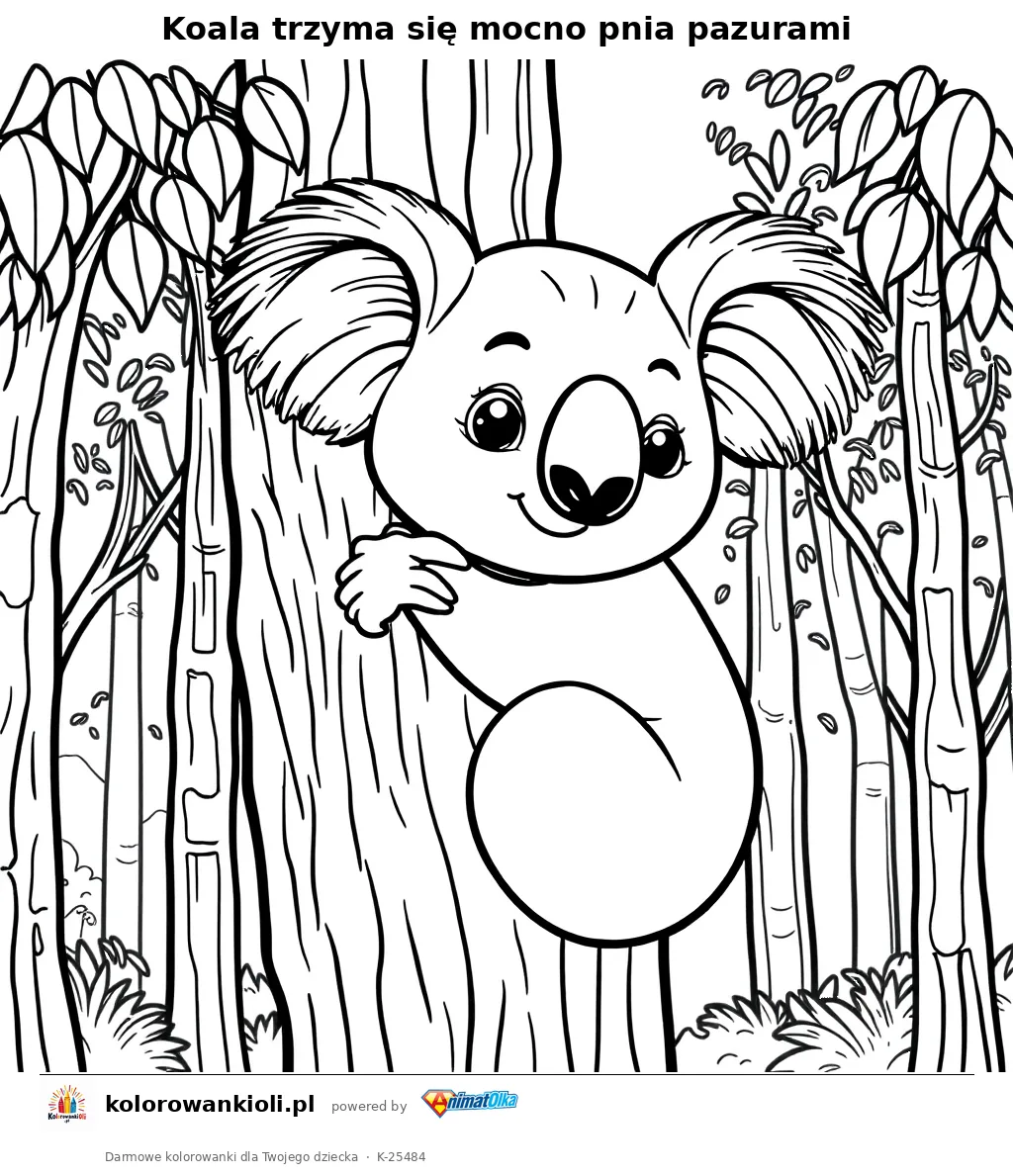 Koala trzyma się mocno pnia pazurami — kolorowanka do wydruku dla dzieci