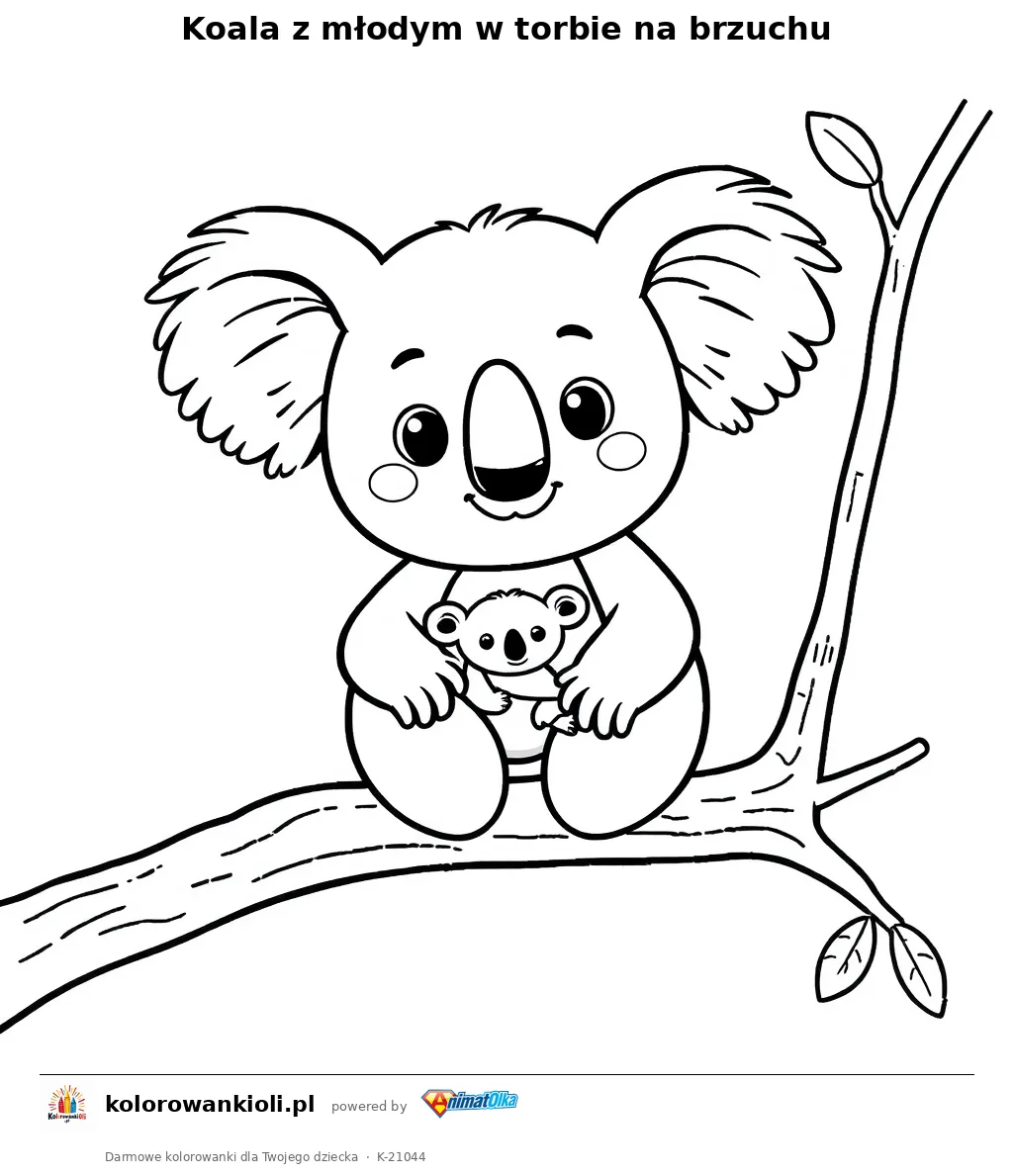 Koala z młodym w torbie na brzuchu — kolorowanka do wydruku dla dzieci