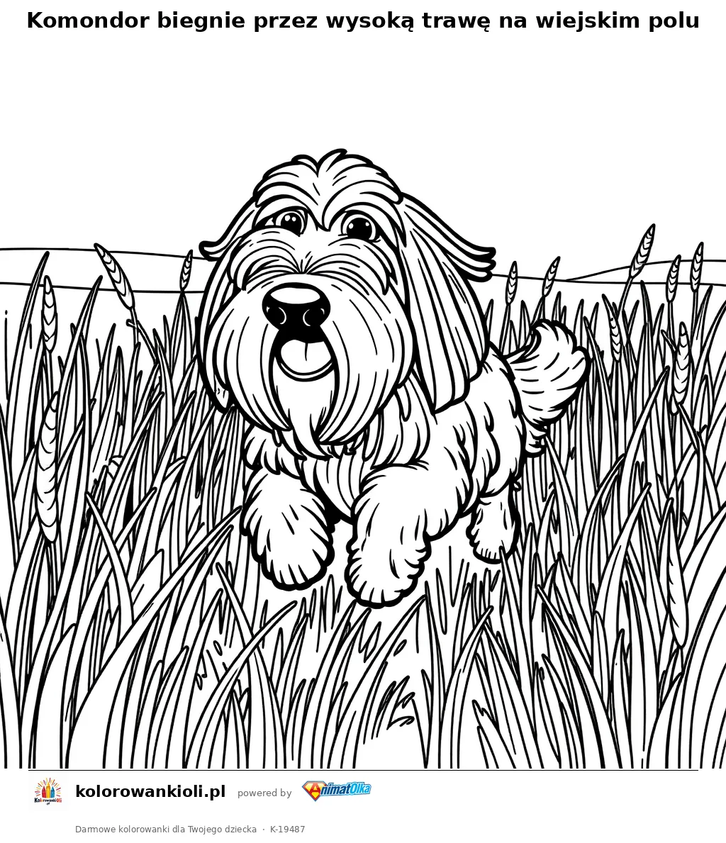 Komondor biegnie przez wysoką trawę na wiejskim polu — kolorowanka do wydruku dla dzieci