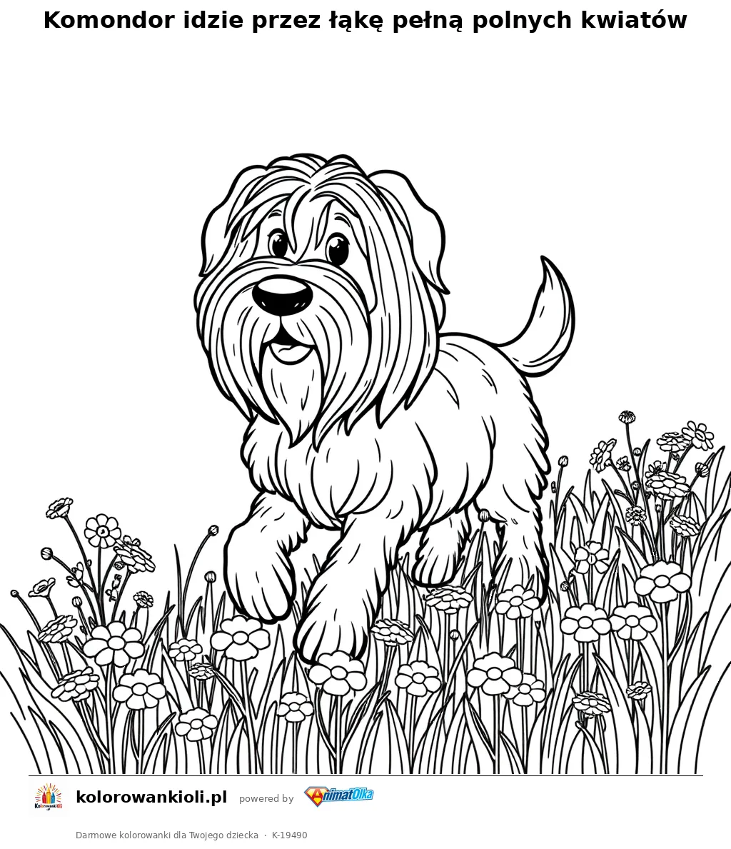 Komondor idzie przez łąkę pełną polnych kwiatów — kolorowanka do wydruku dla dzieci