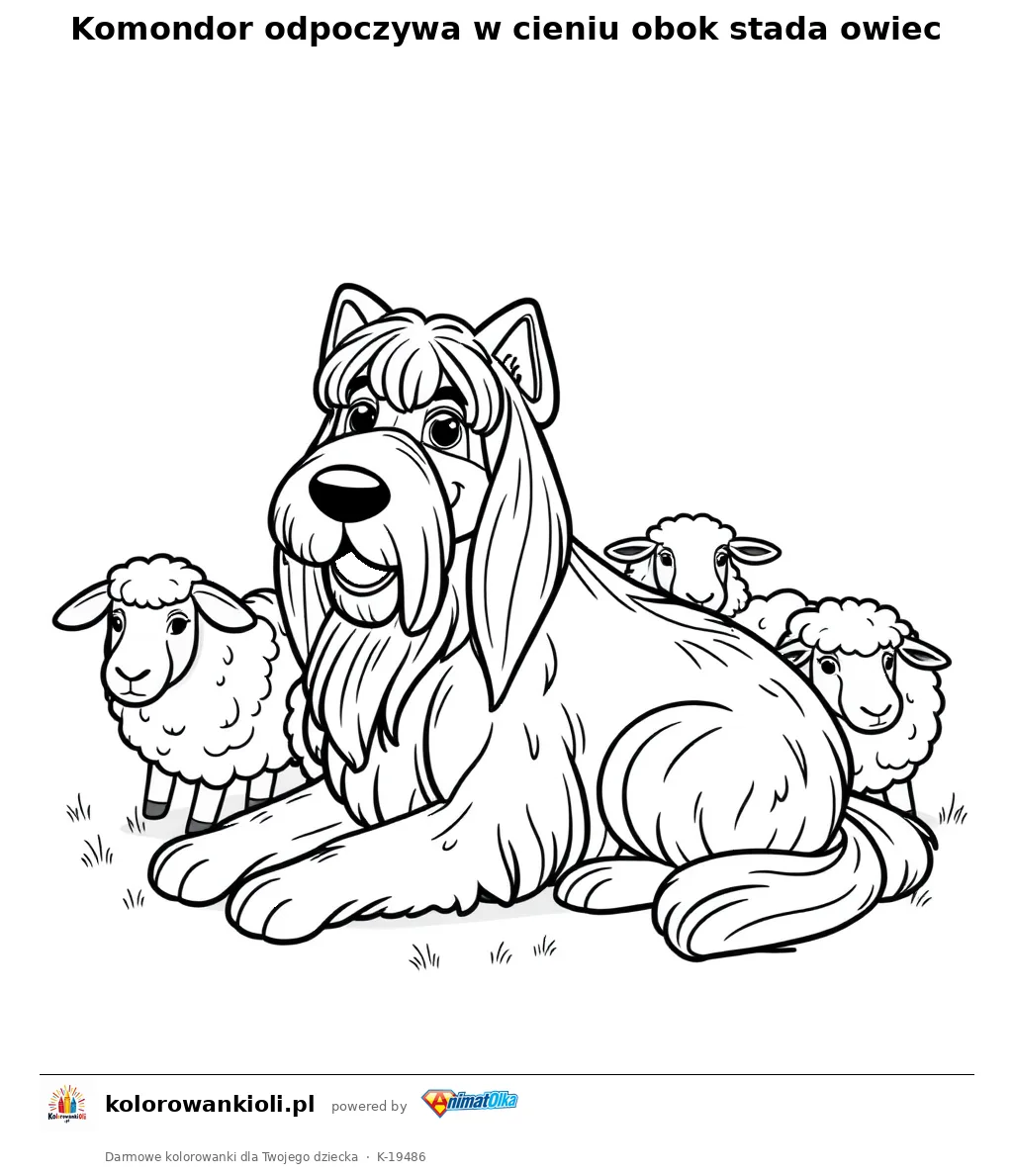 Komondor odpoczywa w cieniu obok stada owiec — kolorowanka do wydruku dla dzieci