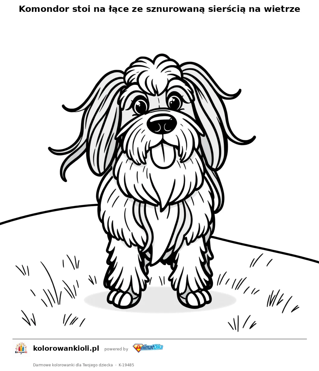 Komondor stoi na łące ze sznurowaną sierścią na wietrze — kolorowanka do wydruku dla dzieci
