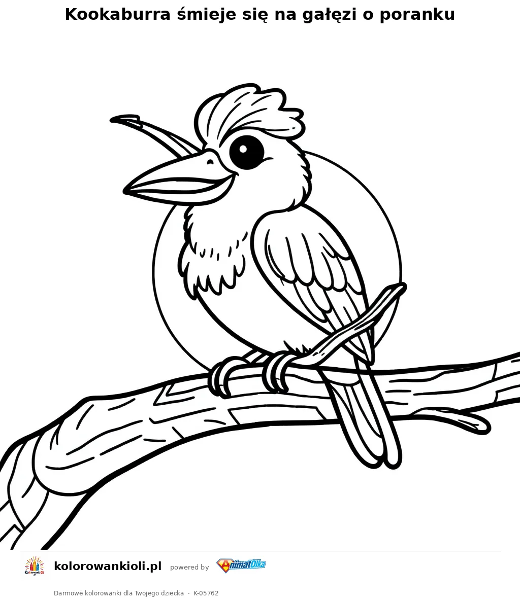 Kookaburra śmieje się na gałęzi o poranku — kolorowanka do wydruku dla dzieci
