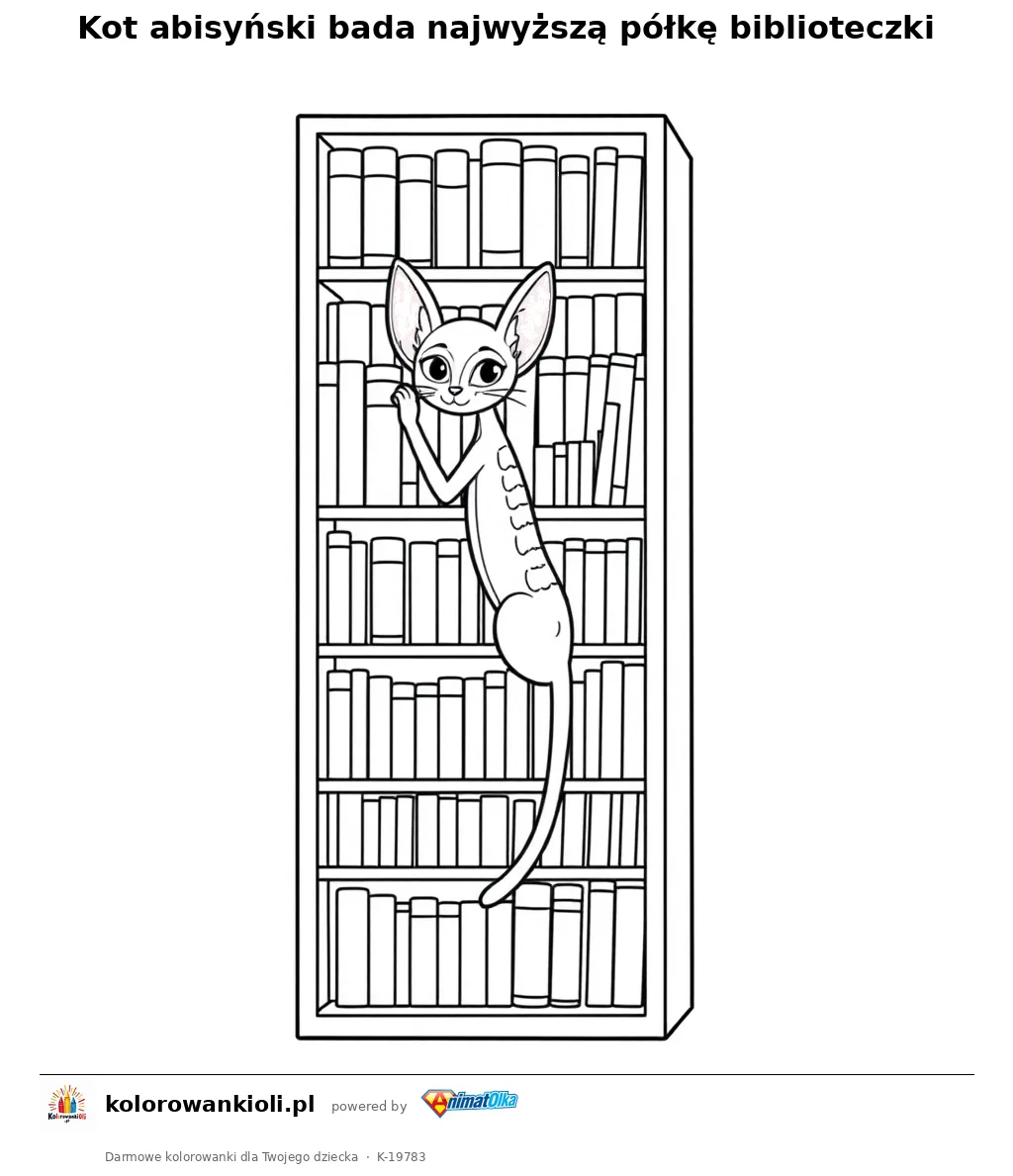 Kot abisyński bada najwyższą półkę biblioteczki — kolorowanka do wydruku dla dzieci