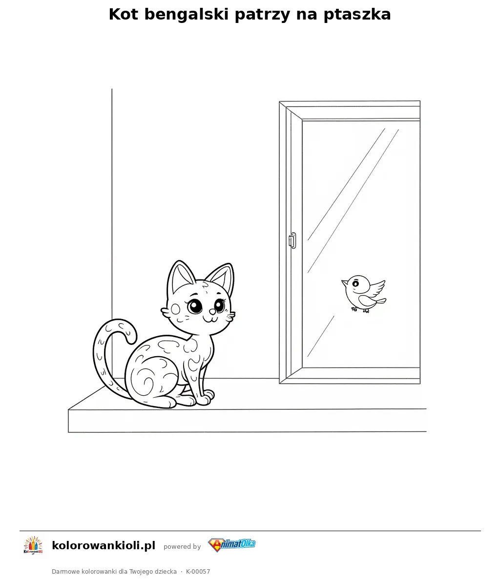 Kot bengalski patrzy na ptaszka — kolorowanka do wydruku dla dzieci