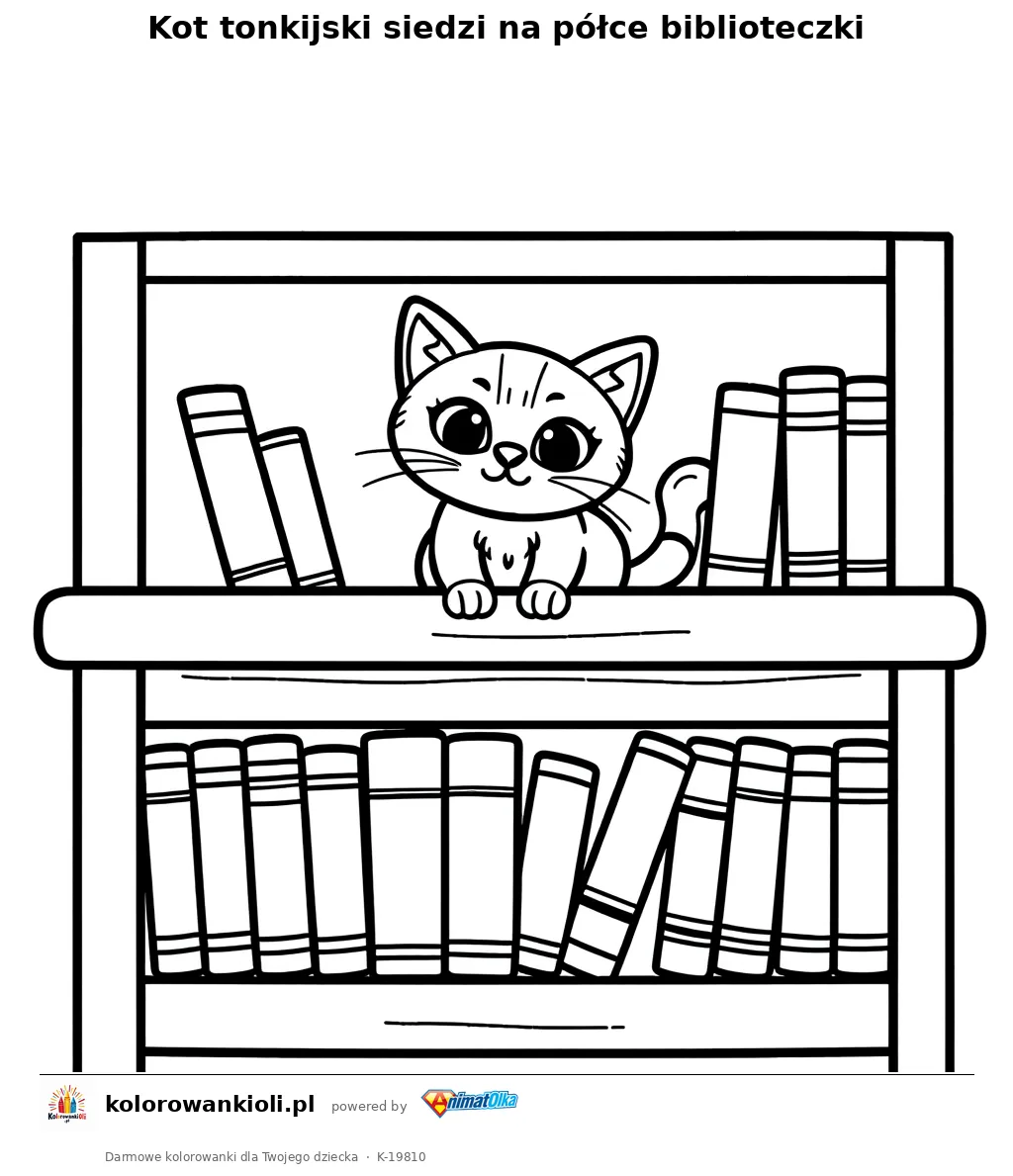 Kot tonkijski siedzi na półce biblioteczki — kolorowanka do wydruku dla dzieci
