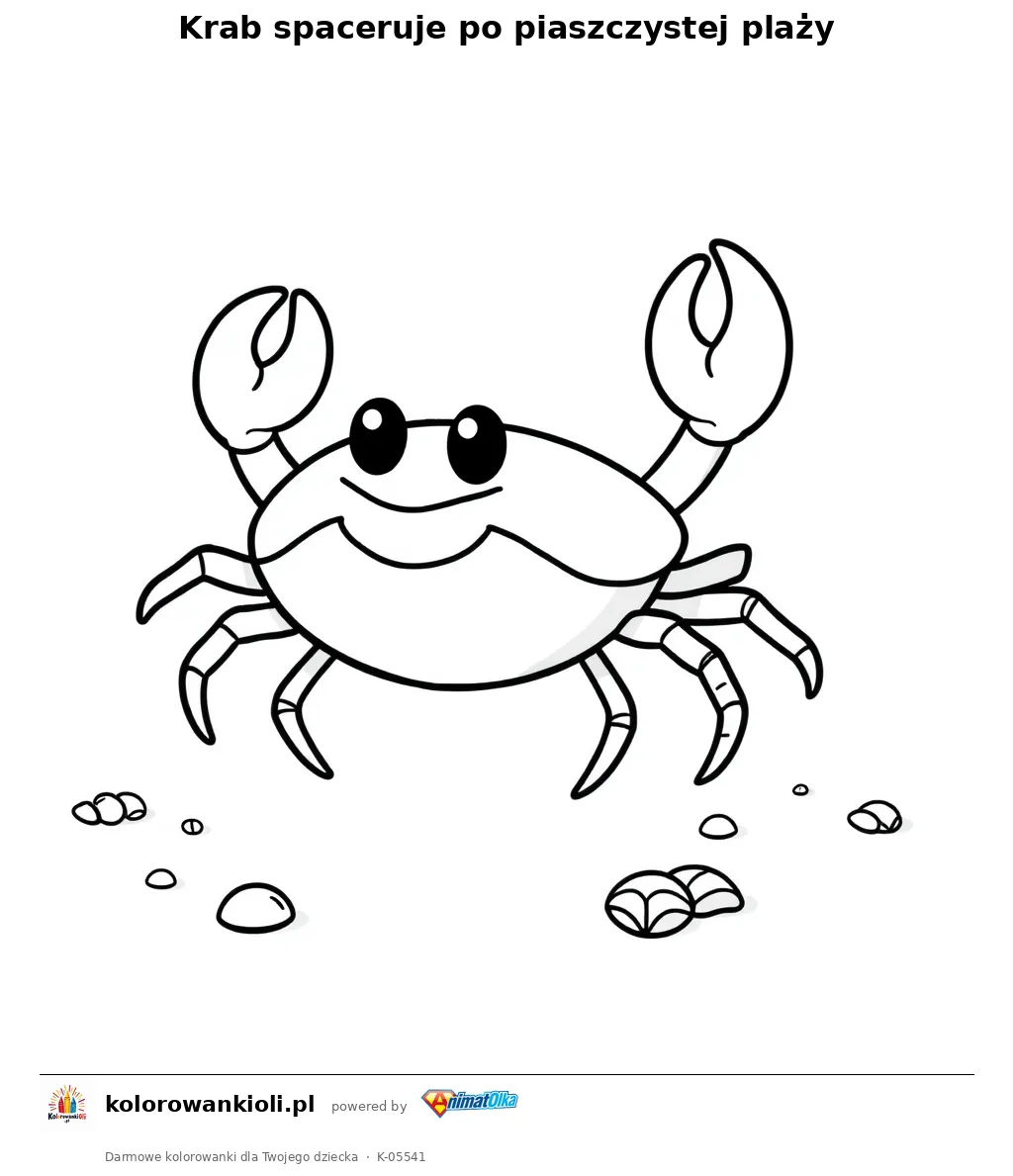 Krab spaceruje po piaszczystej plaży — kolorowanka do wydruku dla dzieci