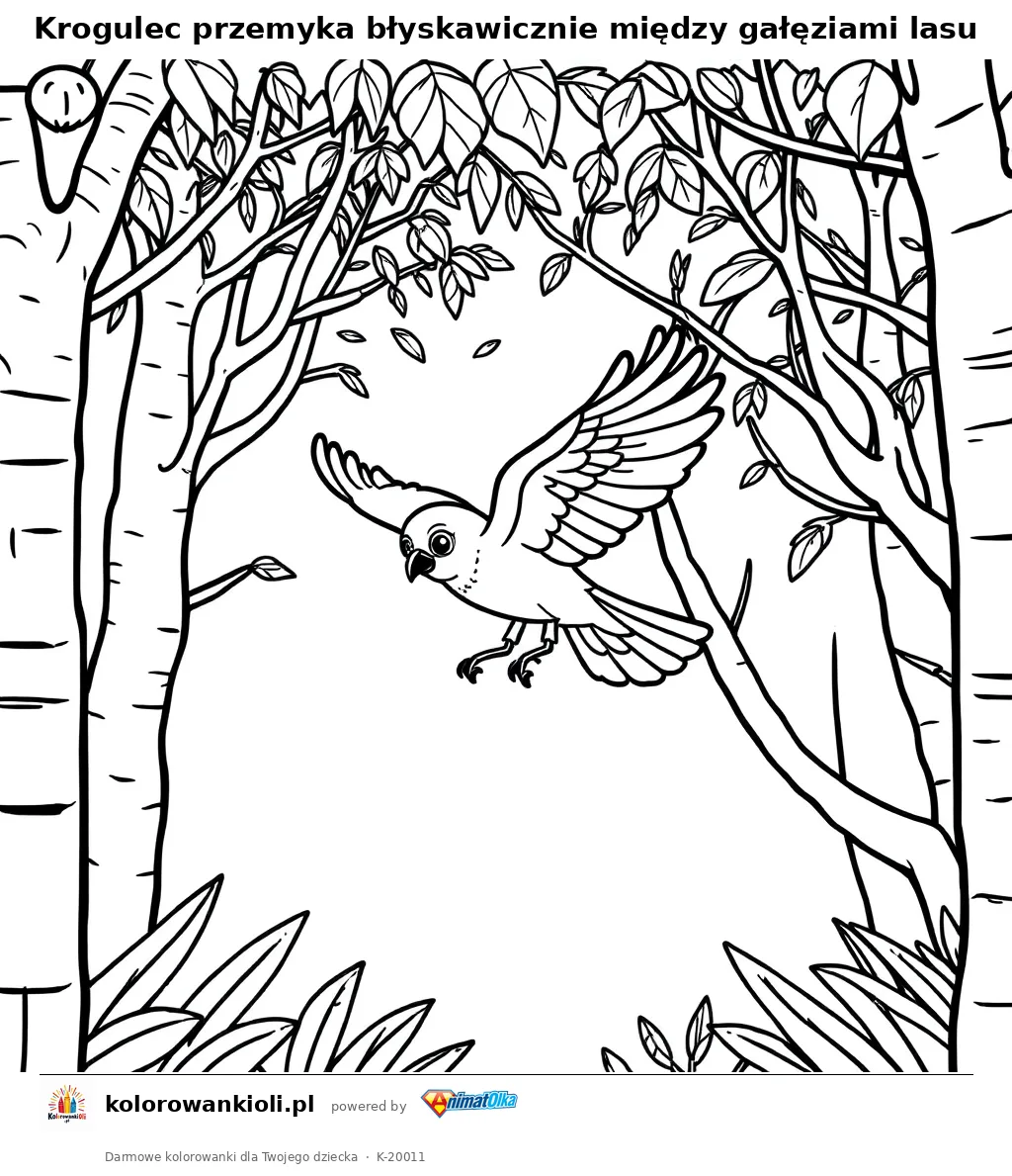 Krogulec przemyka błyskawicznie między gałęziami lasu — kolorowanka do wydruku dla dzieci