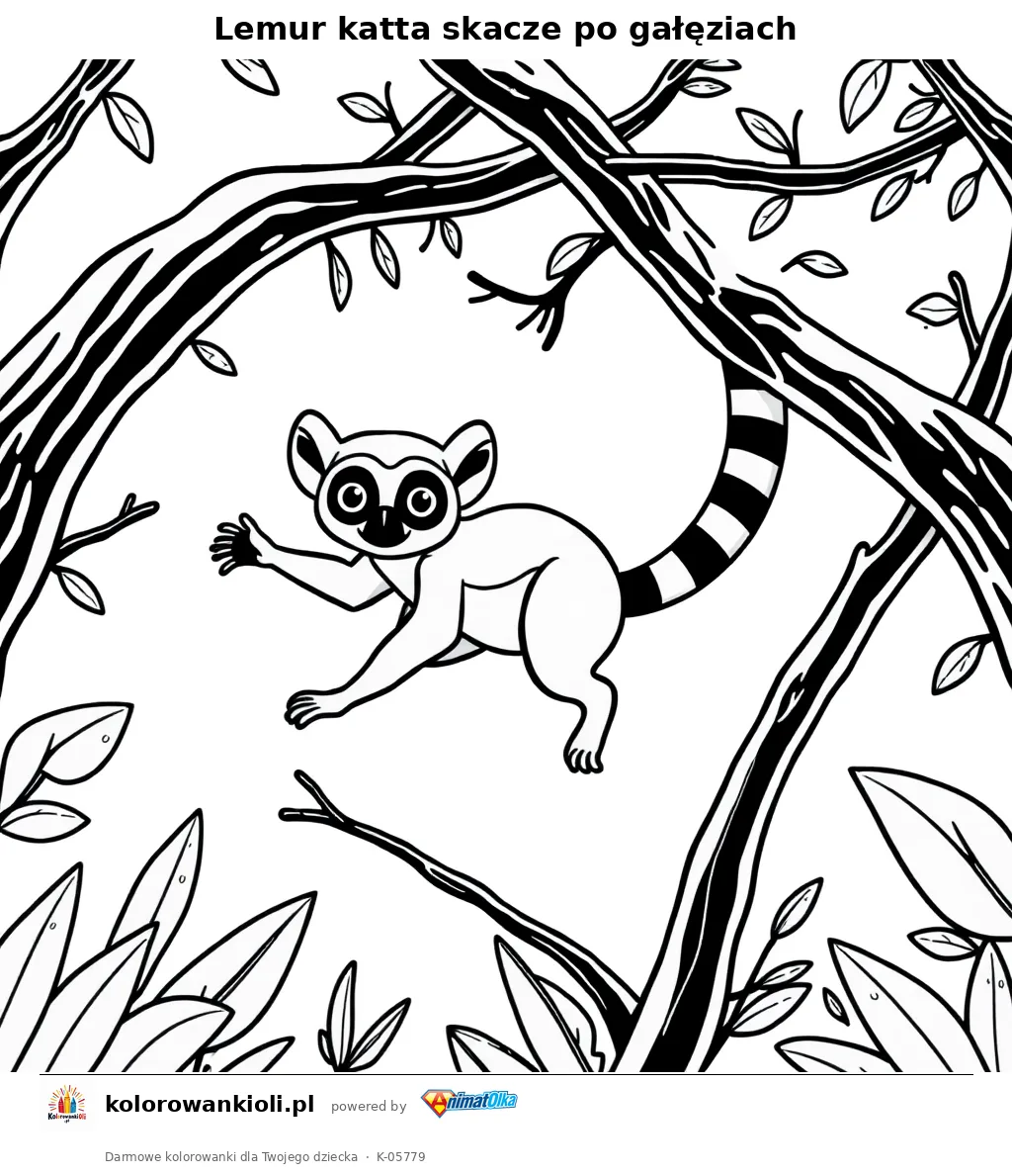Lemur katta skacze po gałęziach — kolorowanka do wydruku dla dzieci