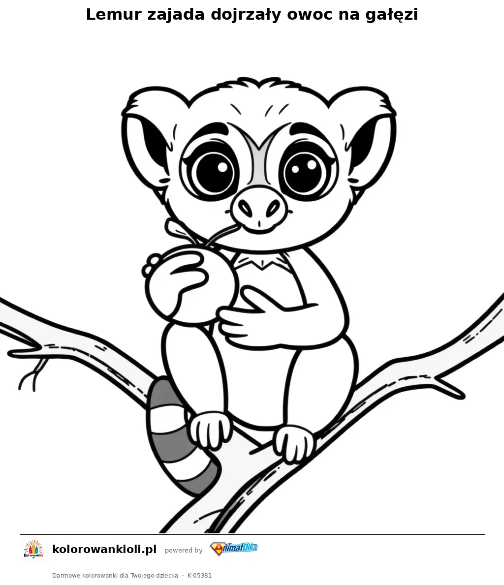 Lemur zajada dojrzały owoc na gałęzi — kolorowanka do wydruku dla dzieci