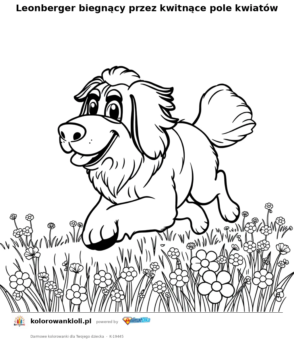 Leonberger biegnący przez kwitnące pole kwiatów — kolorowanka do wydruku dla dzieci