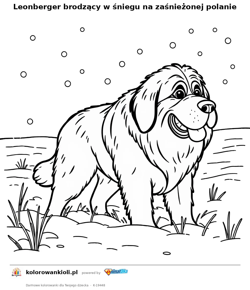 Leonberger brodzący w śniegu na zaśnieżonej polanie — kolorowanka do wydruku dla dzieci