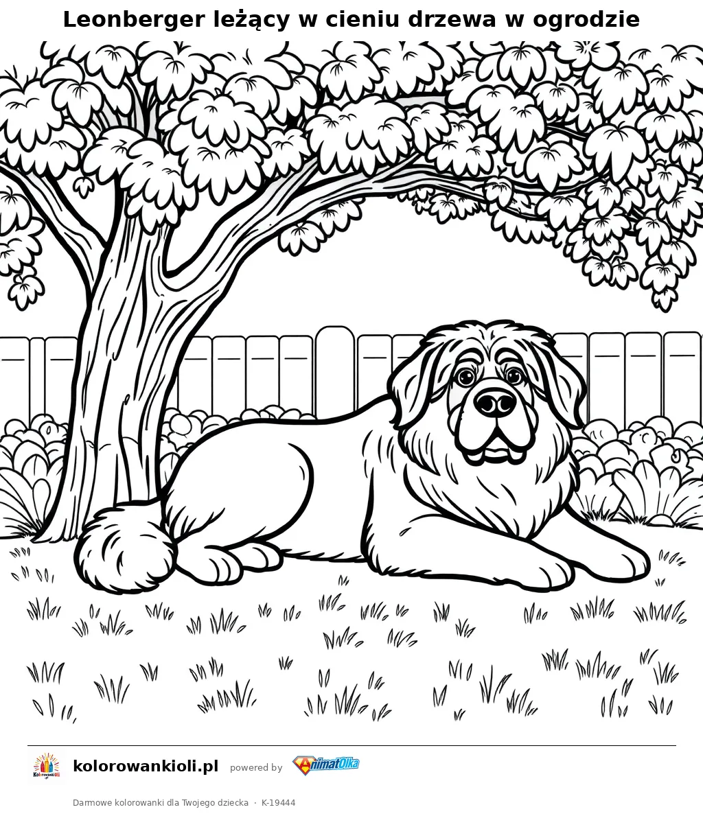Leonberger leżący w cieniu drzewa w ogrodzie — kolorowanka do wydruku dla dzieci