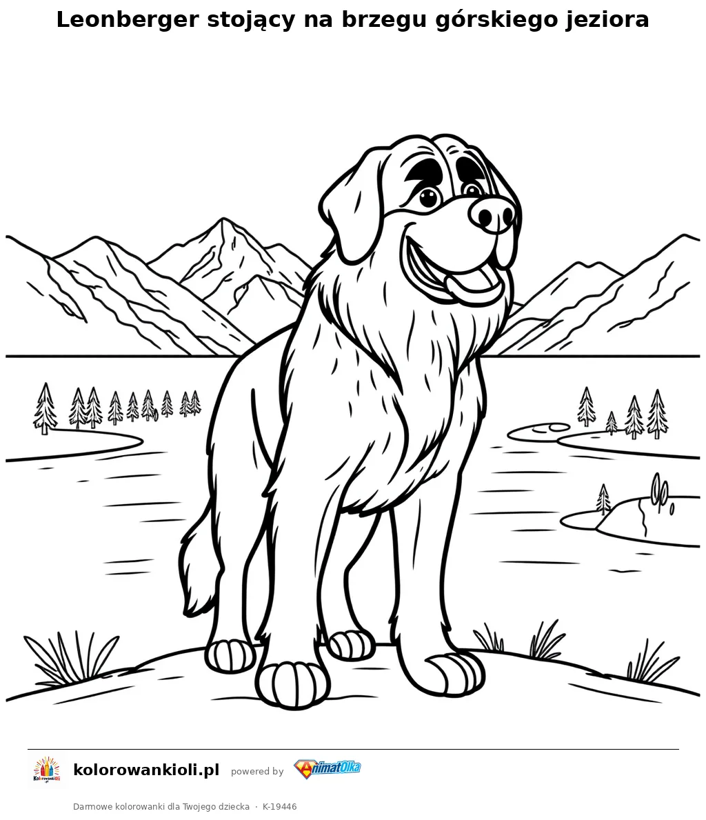 Leonberger stojący na brzegu górskiego jeziora — kolorowanka do wydruku dla dzieci