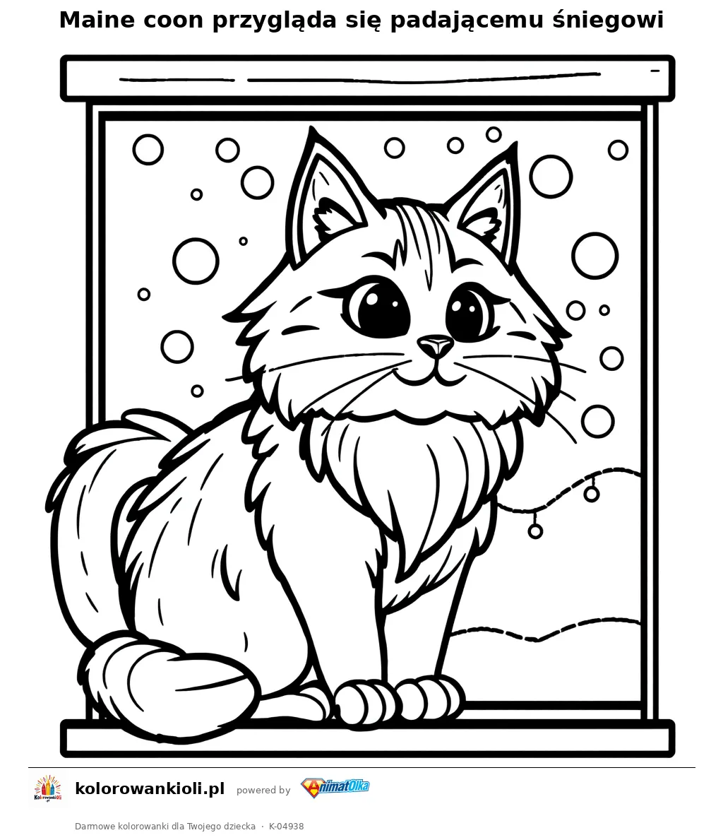Maine coon przygląda się padającemu śniegowi — kolorowanka do wydruku dla dzieci