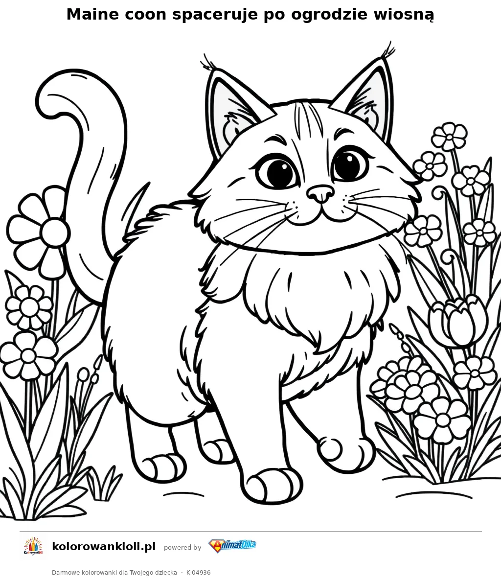 Maine coon spaceruje po ogrodzie wiosną — kolorowanka do wydruku dla dzieci