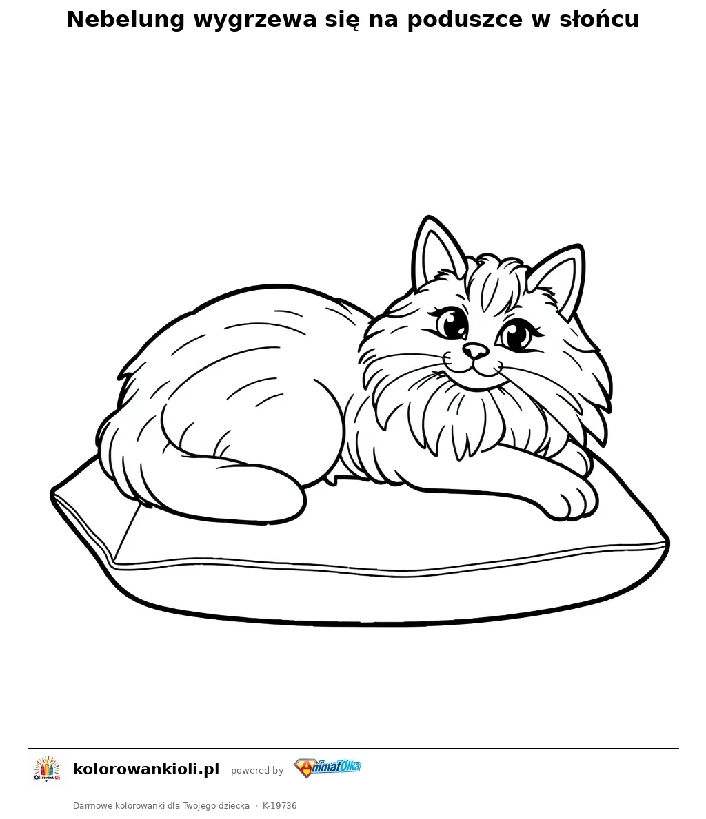 Nebelung wygrzewa się na poduszce w słońcu — kolorowanka do wydruku dla dzieci