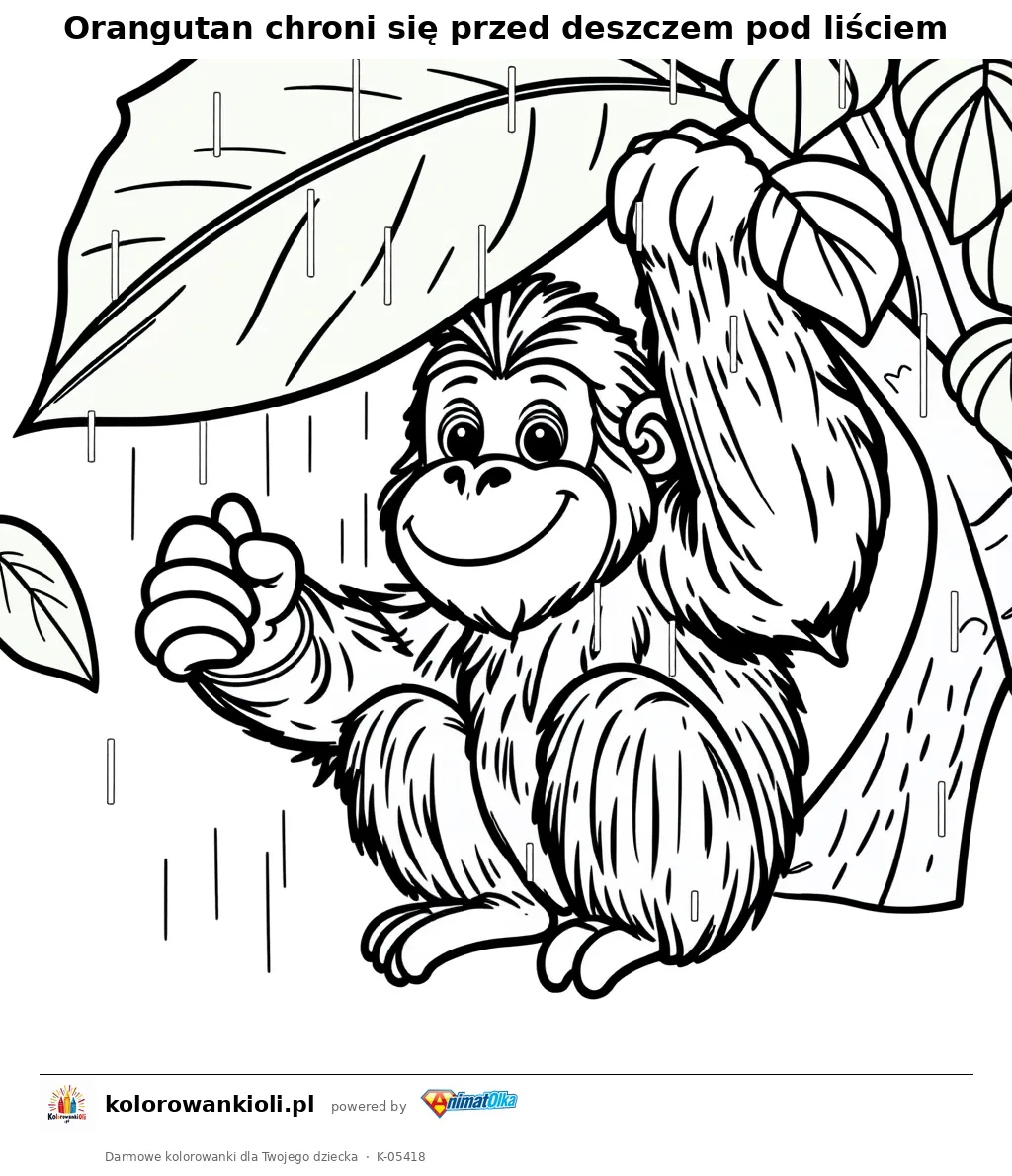 Orangutan chroni się przed deszczem pod liściem — kolorowanka do wydruku dla dzieci