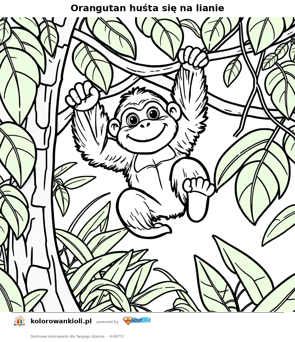 Orangutan huśta się na lianie — kolorowanka do wydruku dla dzieci