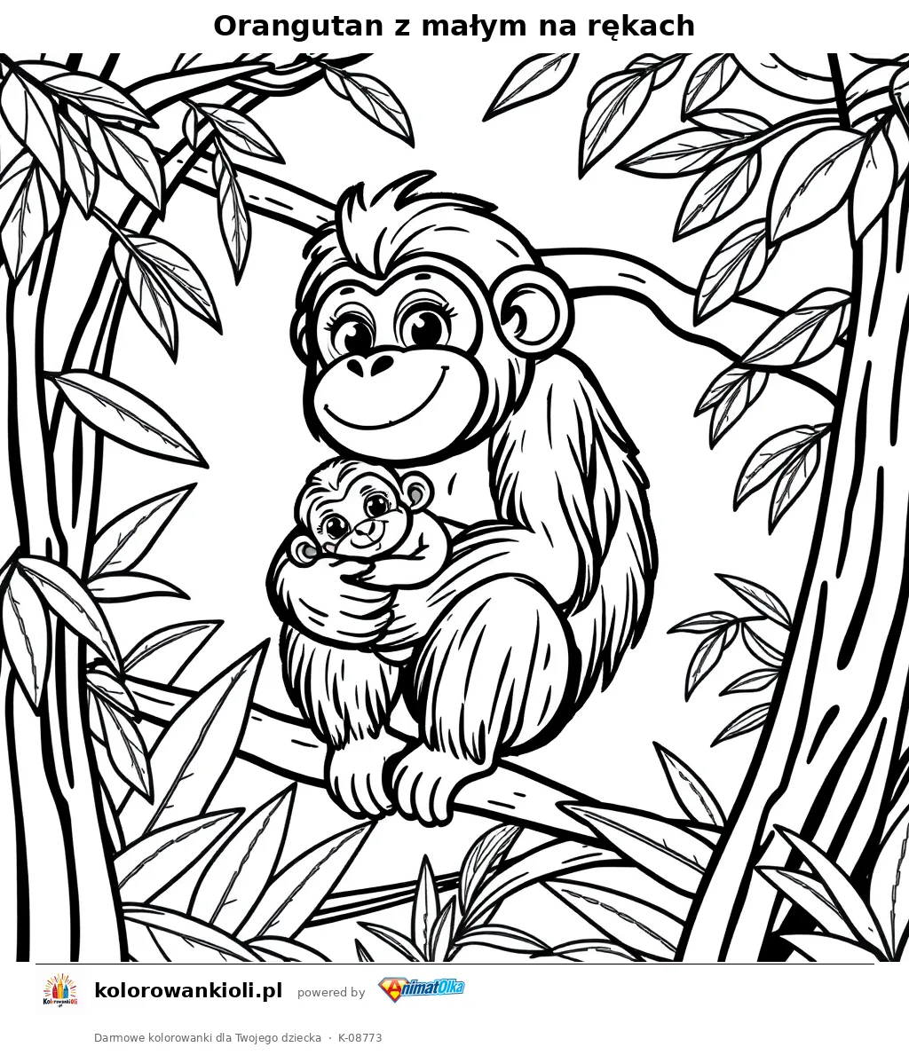 Orangutan z małym na rękach — kolorowanka do wydruku dla dzieci
