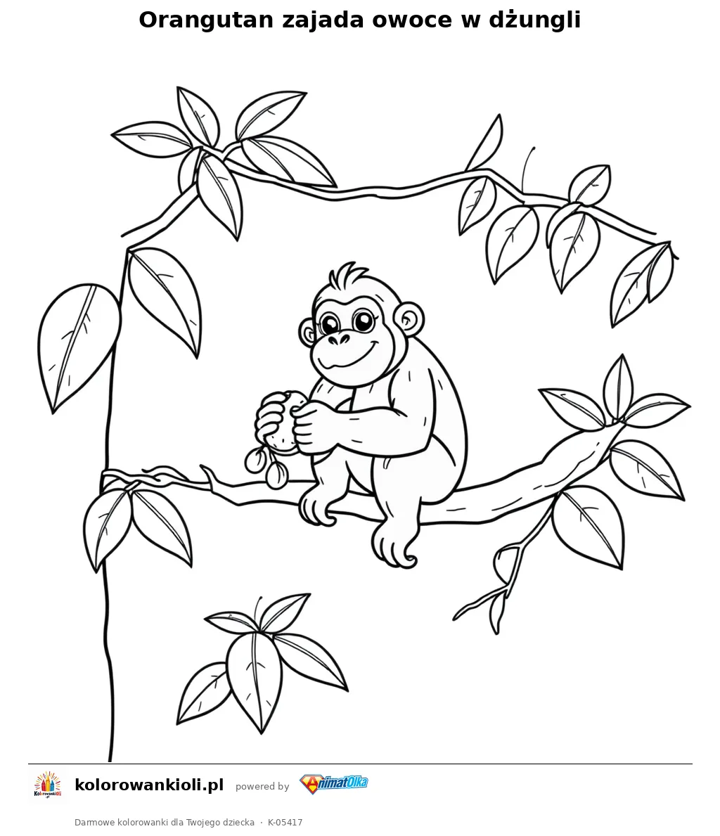Orangutan zajada owoce w dżungli — kolorowanka do wydruku dla dzieci