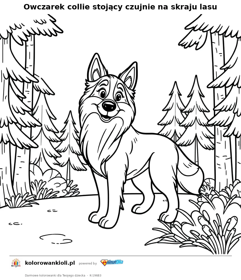 Owczarek collie stojący czujnie na skraju lasu — kolorowanka do wydruku dla dzieci