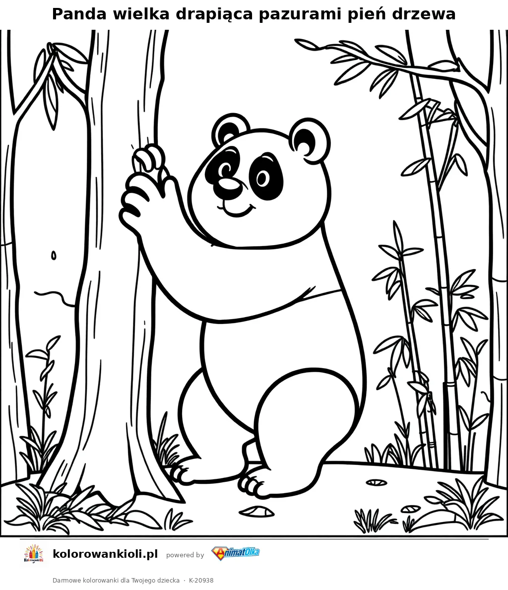Panda wielka drapiąca pazurami pień drzewa — kolorowanka do wydruku dla dzieci