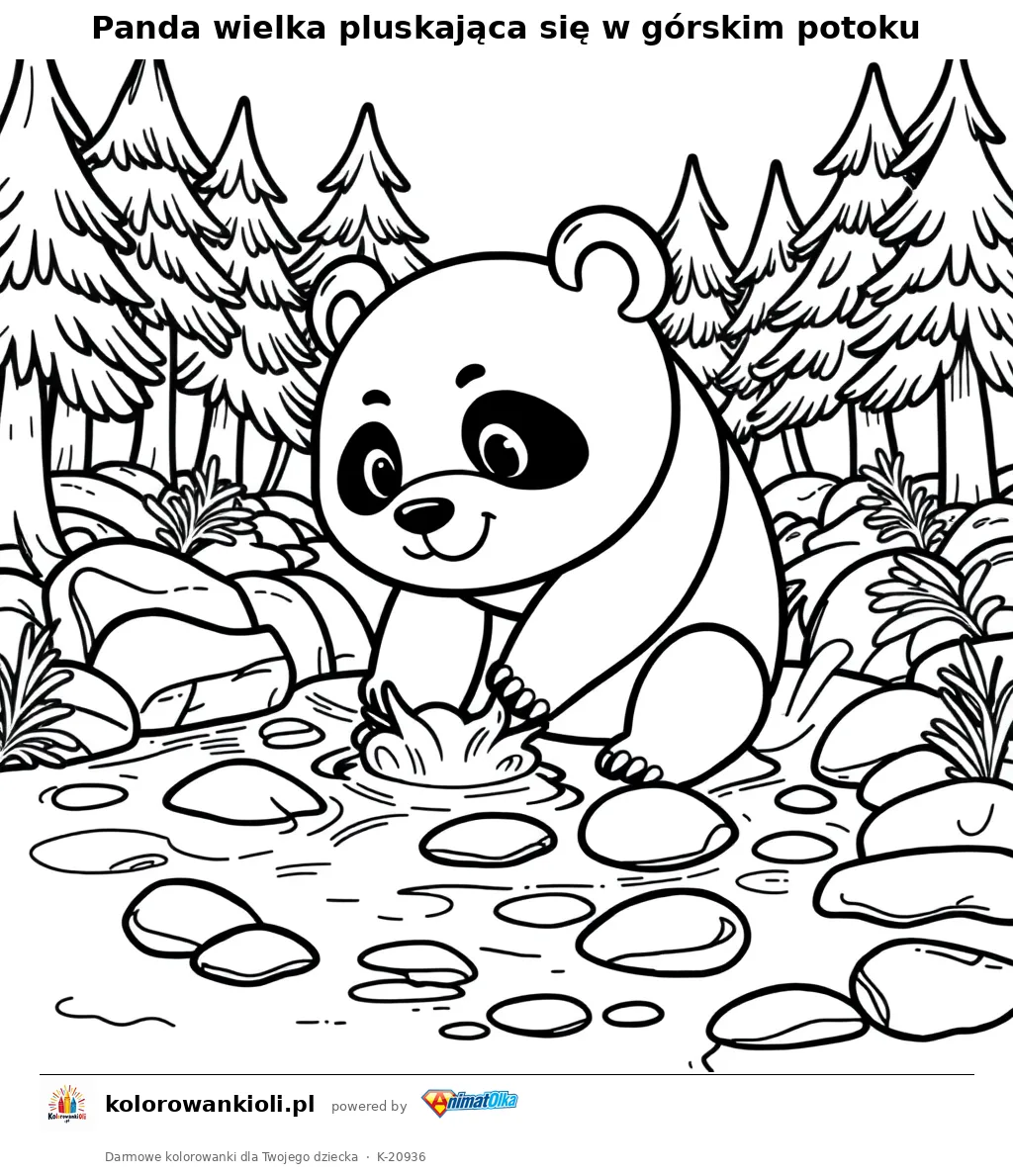 Panda wielka pluskająca się w górskim potoku — kolorowanka do wydruku dla dzieci