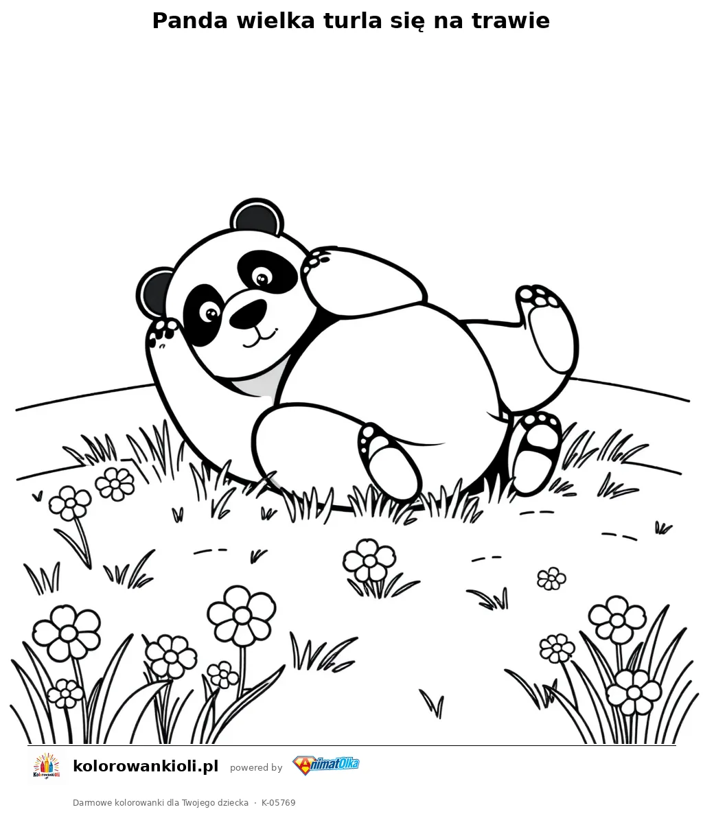 Panda wielka turla się na trawie — kolorowanka do wydruku dla dzieci