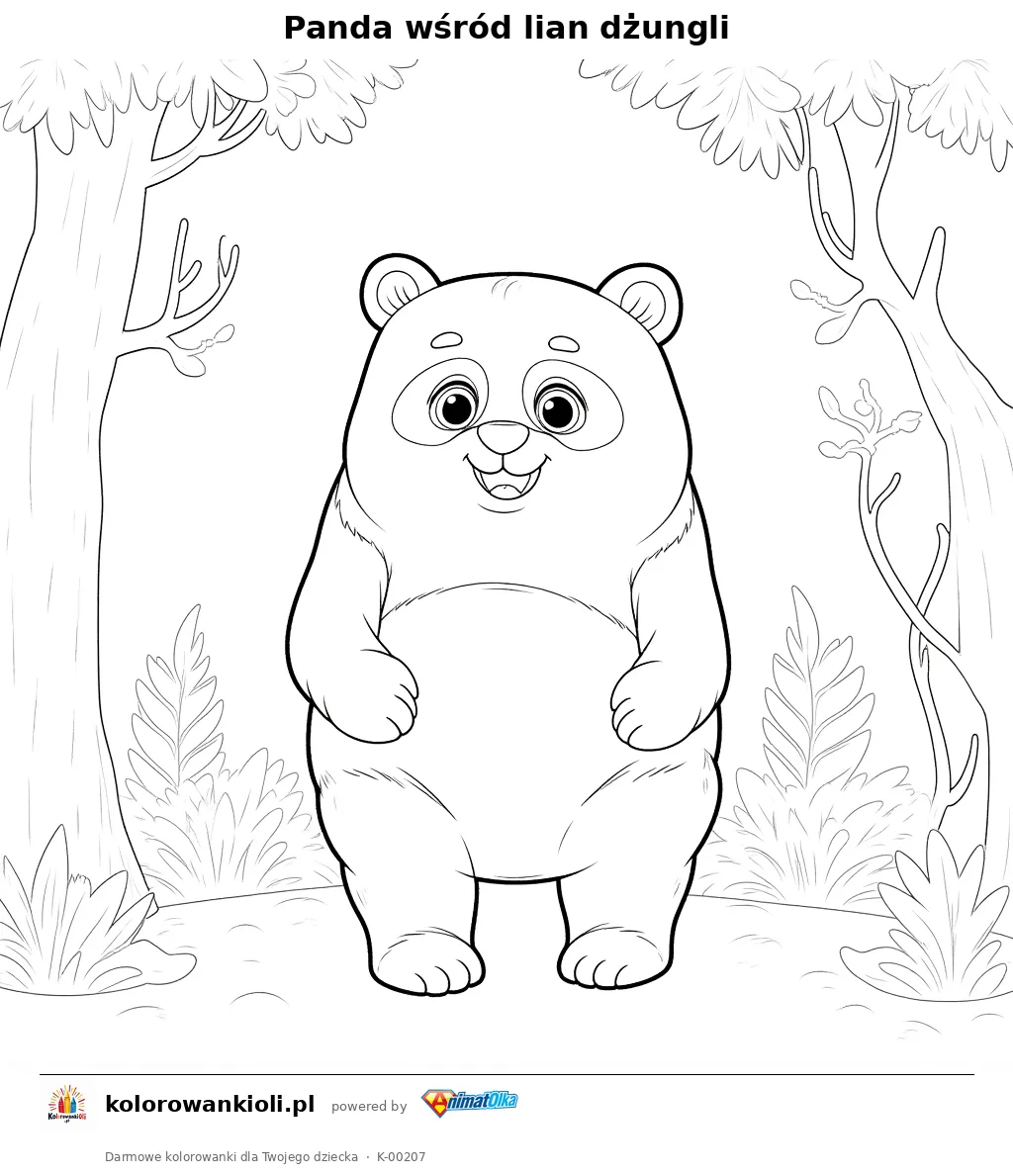 Panda wśród lian dżungli — kolorowanka do wydruku dla dzieci